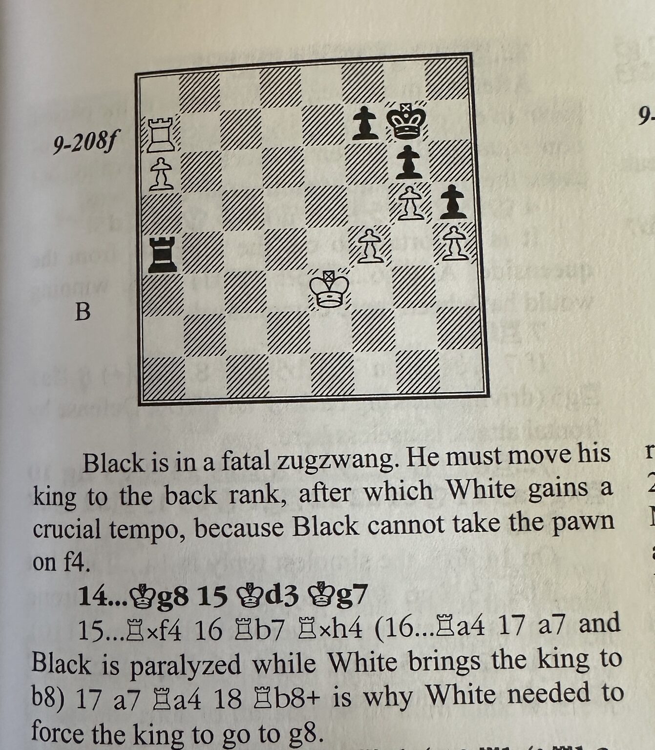 A photograph of a page from a printed chess book. A diagram of an endgame position sits above prose beginning “Black is in a fatal zugzwang”, followed by annotated move variations.
