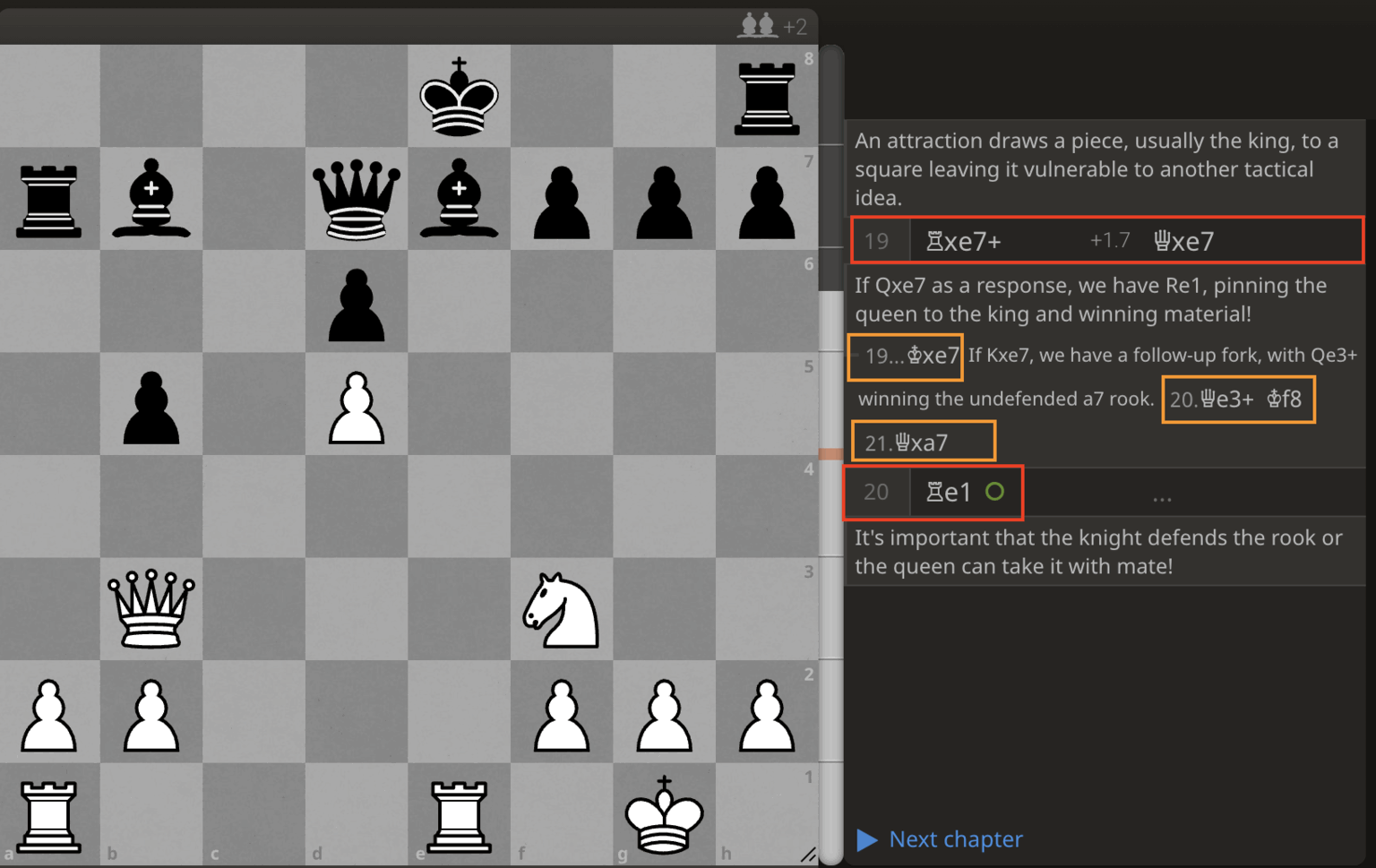 A Lichess study chapter. Prose defines an attraction as drawing a piece, usually the king, onto a square that leaves it vulnerable. The moves it refers to are boxed alongside it: the main line 19. Rxe7+ Qxe7 20. Re1, and the side line 19…Kxe7 20. Qe3+ Kf8 21. Qxa7.
