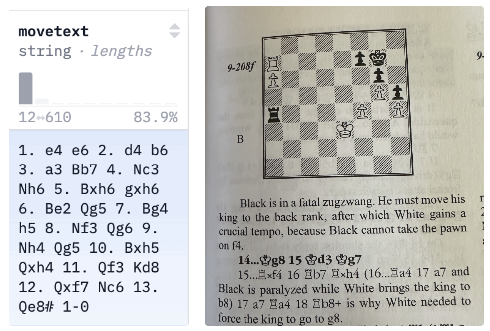 Raw chess game data displayed beside an annotated chess book page